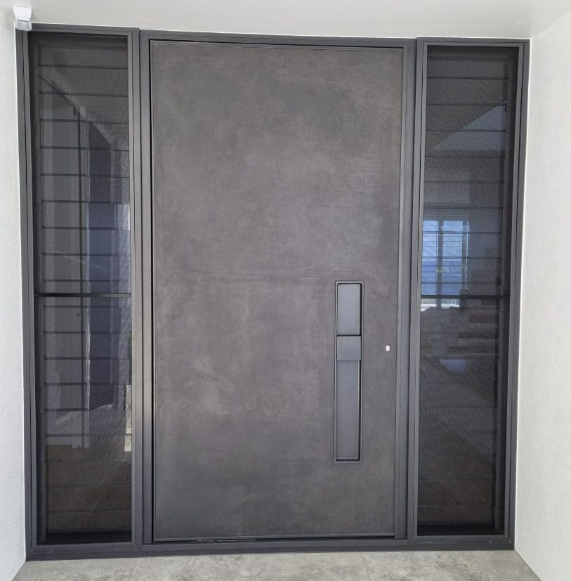 Dark Gray Front Door With Long Handle & Side Panels With Screened Windows — Architectural Glass Solutions QLD in Cooroy, QLD