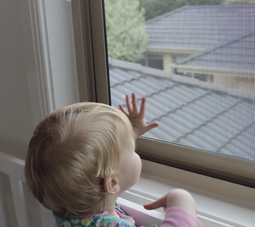A baby is looking out a window with a screen on it— Architectural Glass Solutions QLD in Cooroy, QLD