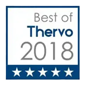 A blue and white logo that says best of thervo 2018