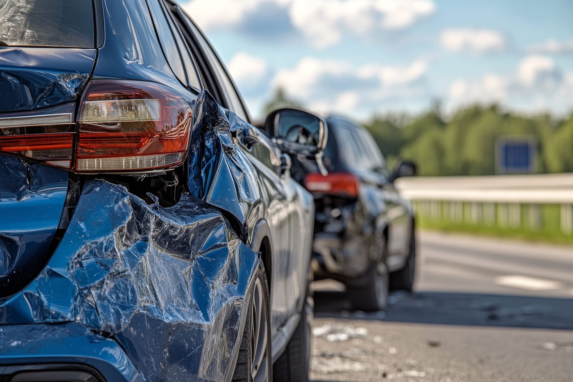 Two cars on a highway after a collision. The blue car has severe rear-end damage, while the black car shows minor damage.