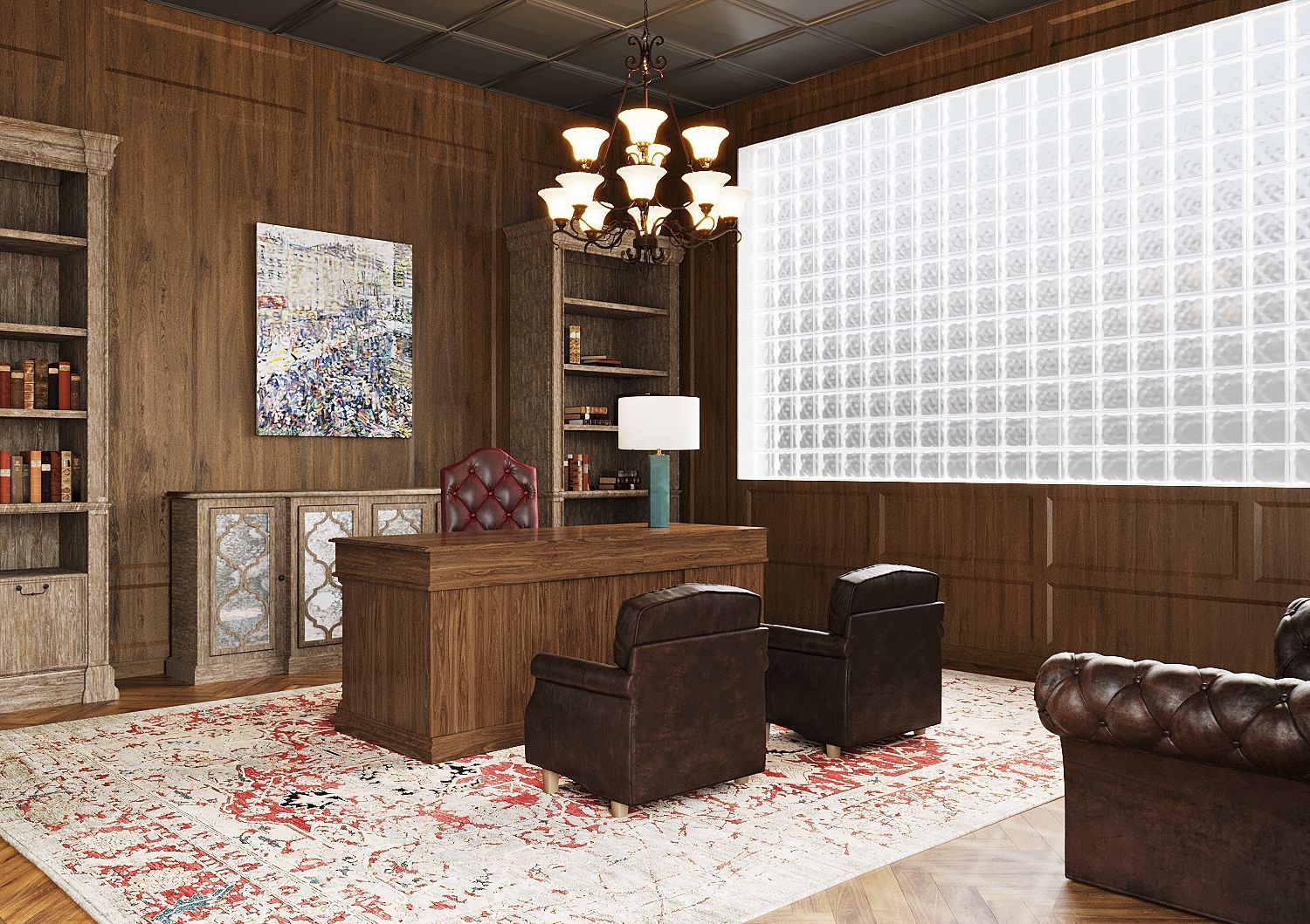 A 3d rendering of a home office with a wooden desk and chairs