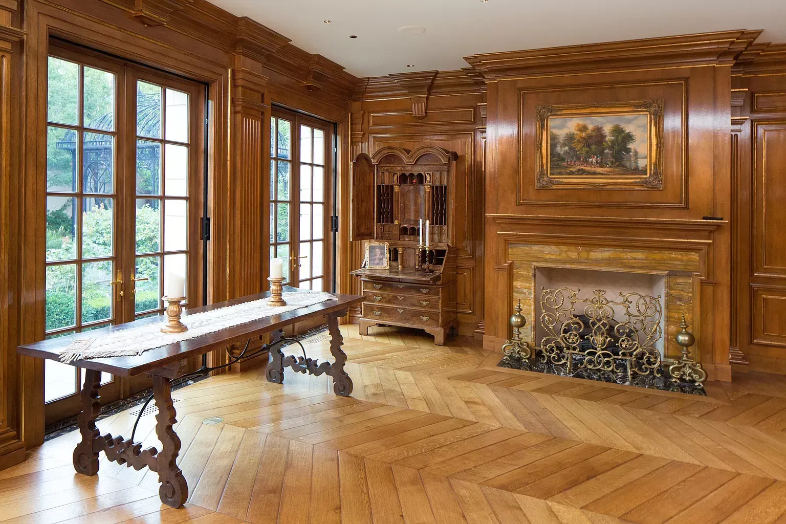 There is a fireplace in the middle of the room.