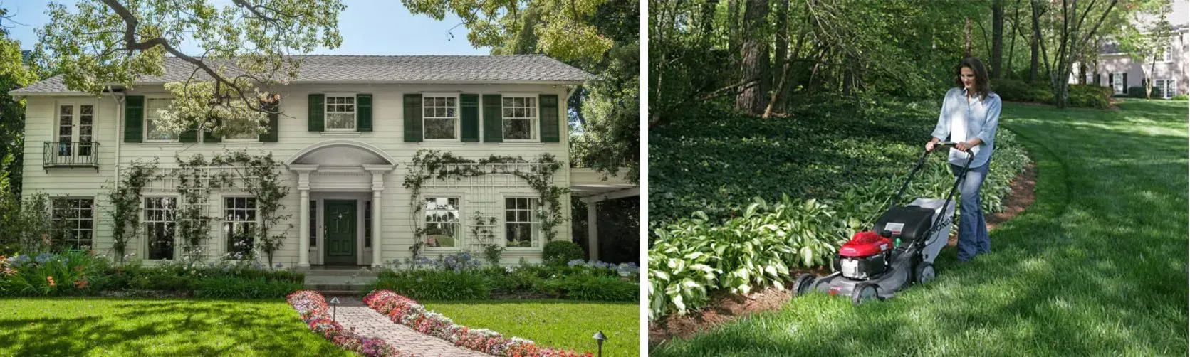 A woman is mowing the grass in front of a large house.