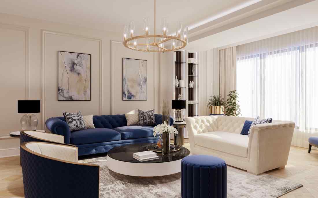 A living room filled with furniture and a chandelier.