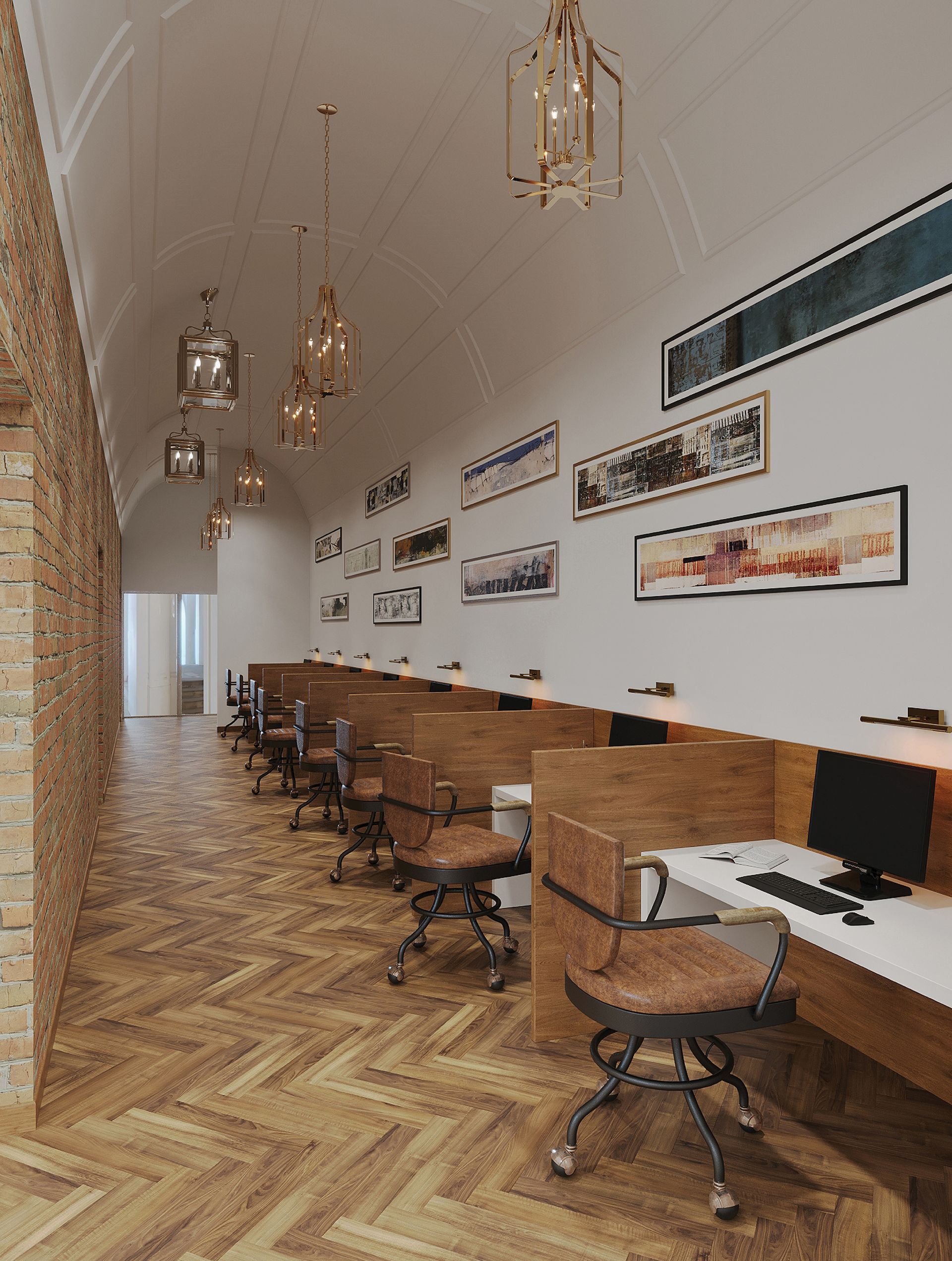 A long hallway with a row of desks and chairs.