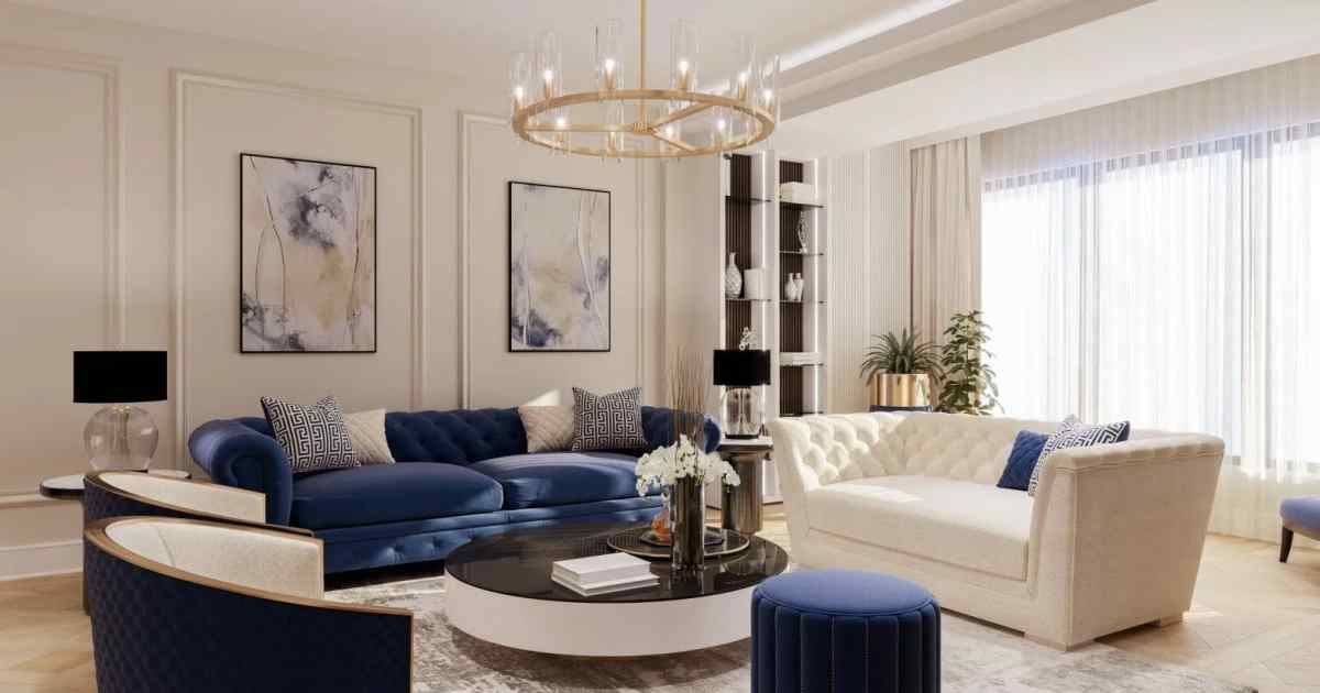 A living room filled with furniture and a chandelier.