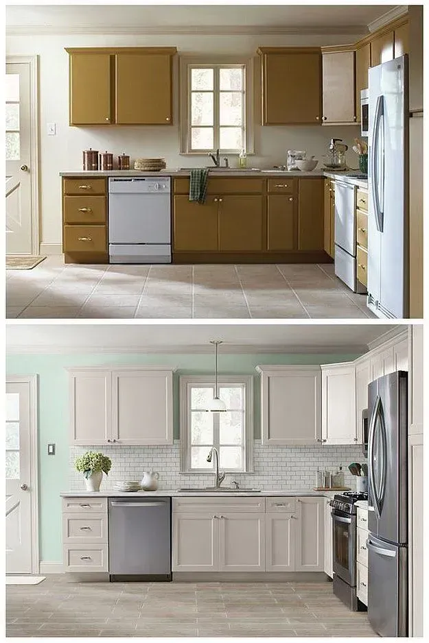 Two pictures of a kitchen before and after being painted
