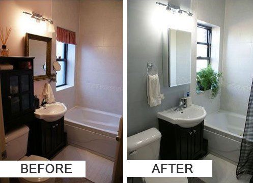 There is a before and after picture of a bathroom.