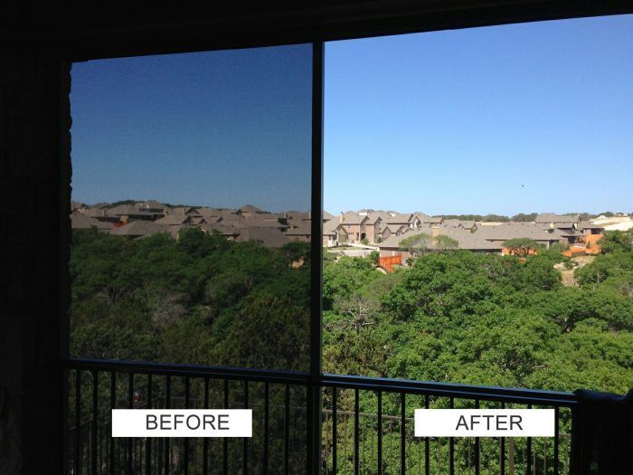 A before and after picture of a balcony with trees in the background