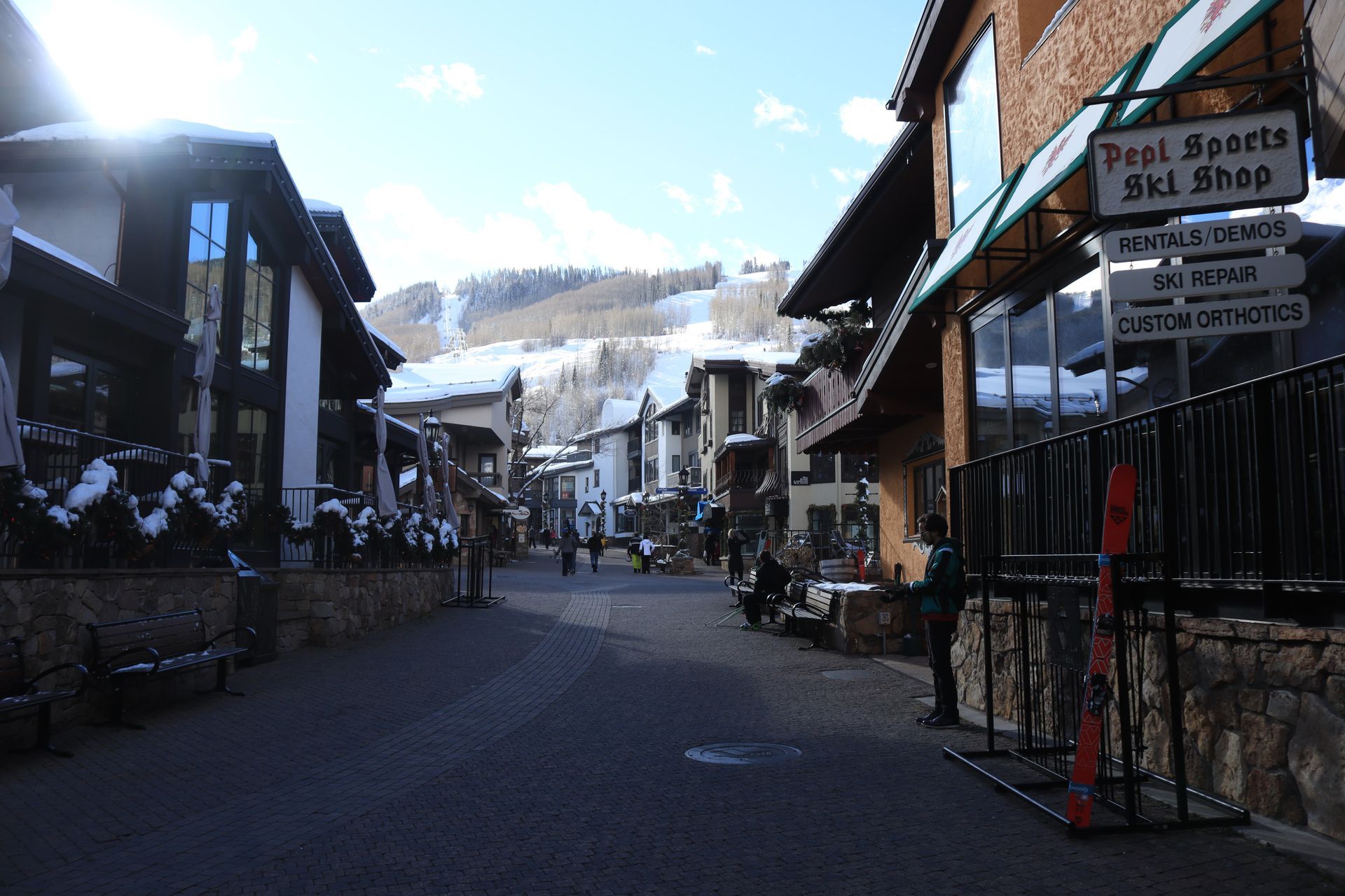 A ski shop is located on the side of a street