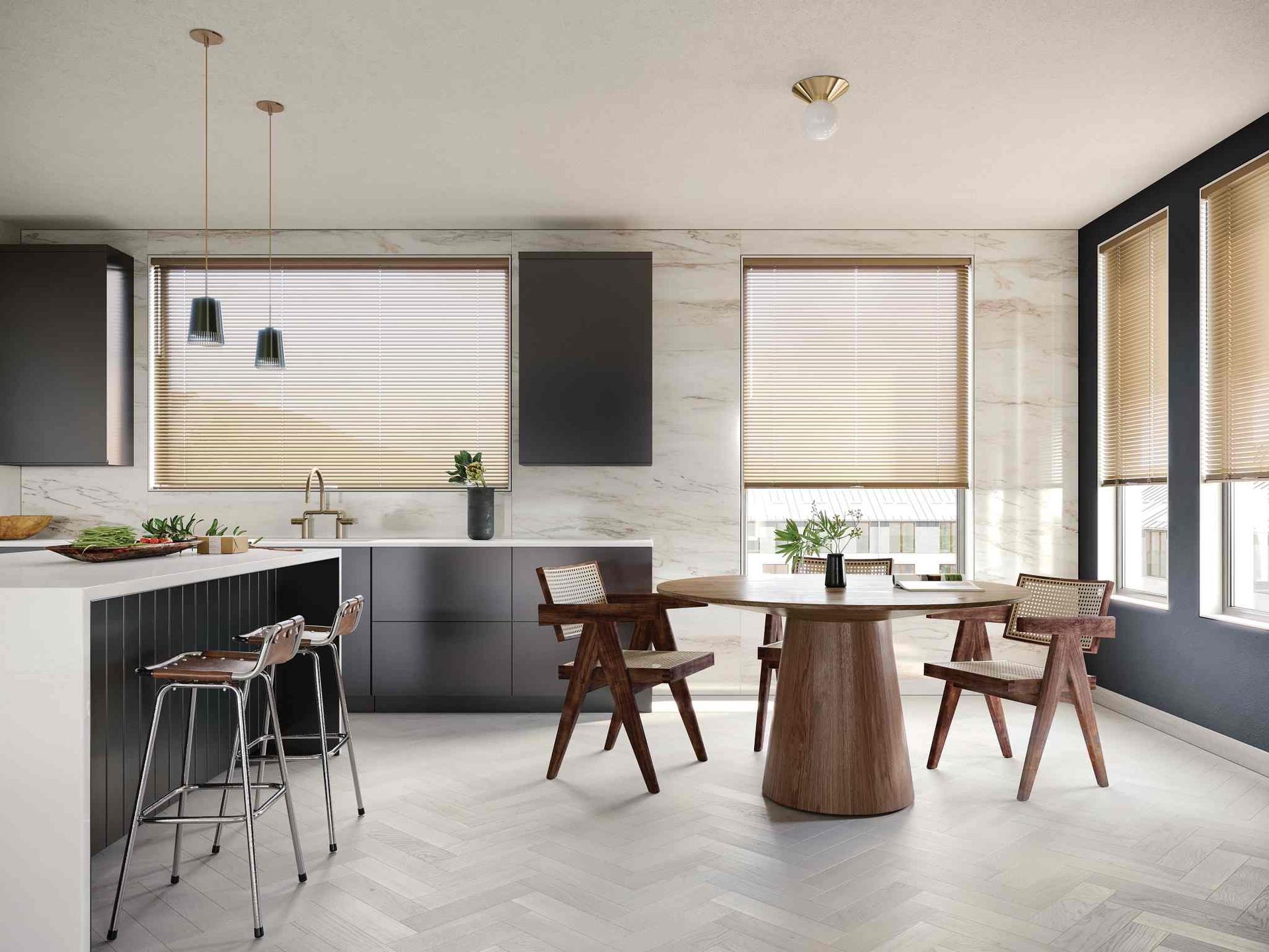 Sleek and stylish Hunter Douglas metal blinds on several windows in a contemporary kitchen near Tustin, CA