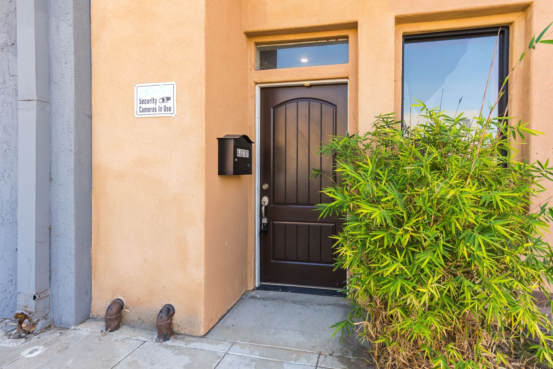 Exterior view of a brown front door with a mailbox, small sign, and green shrubbery.