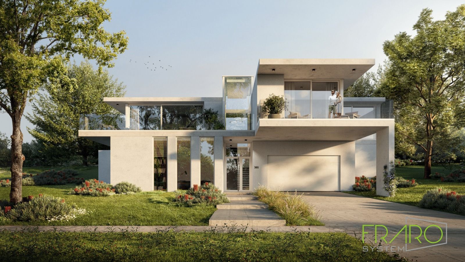 Rappresentazione artistica di una casa moderna circondata da alberi.