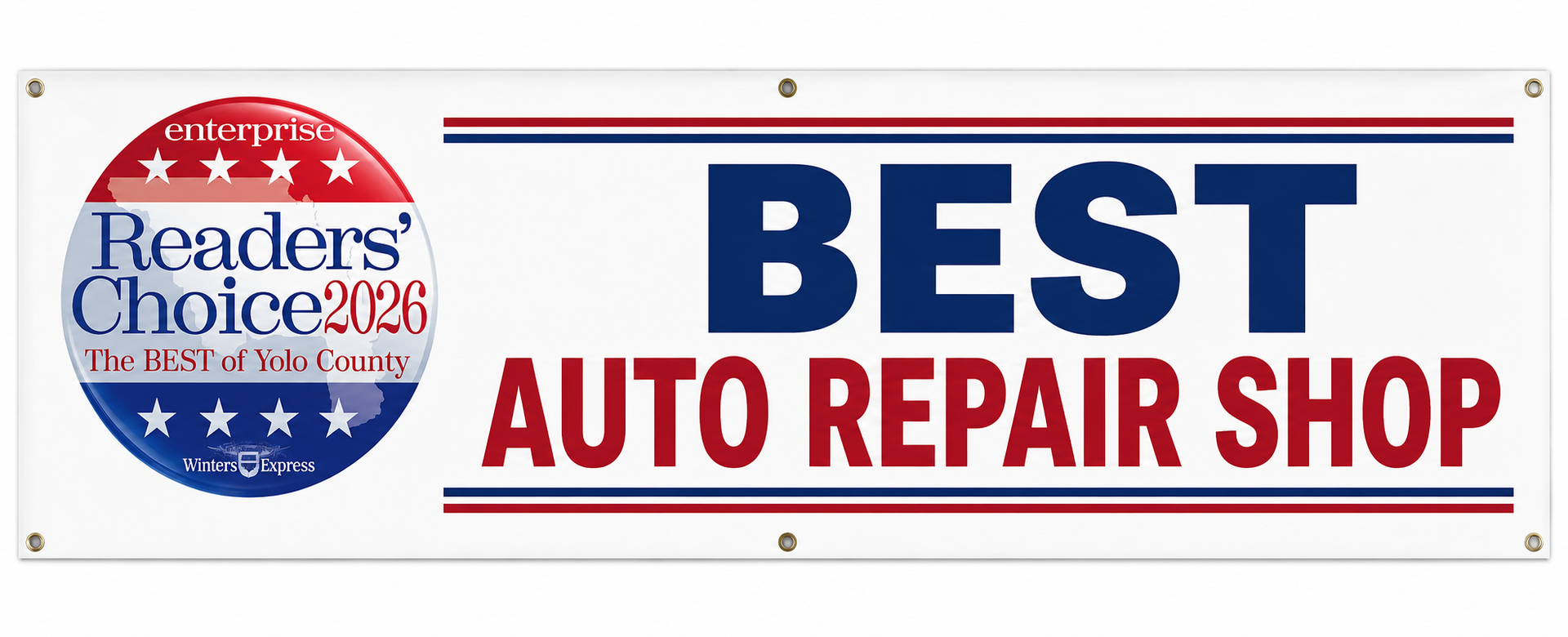 “Best Auto Repair Shop” award banner with a Readers’ Choice 2020 badge in red, white, and blue