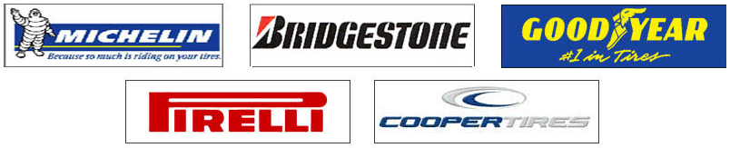 Logos of tire brands: Michelin, Bridgestone, Goodyear, Pirelli, and Cooper Tires.