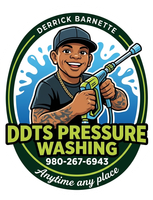 DDTS Pressure Washing logo with cartoon worker spraying water, phone number, and &ldquo;Anytime any place&rdquo; text