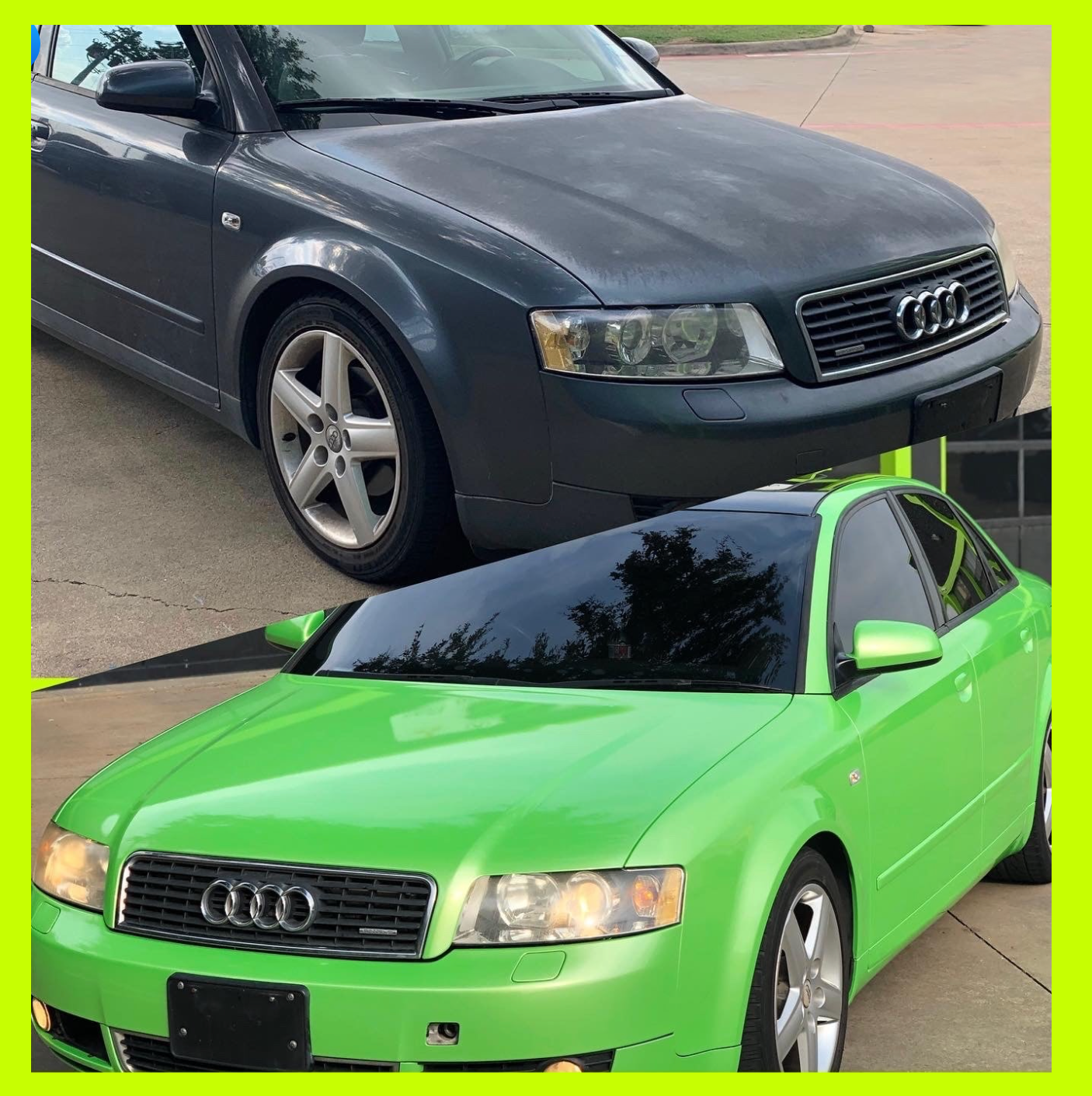 Two Audis, one gray and one green, are parked outside. The green car has tinted windows.