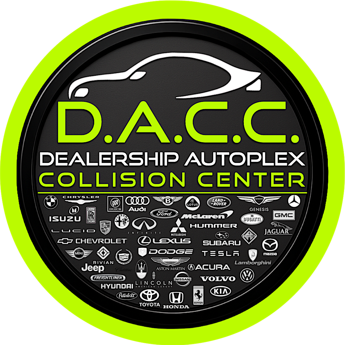 Logo for D.A.C.C. Dealership Autoplex Collision Center, a car repair shop, with car brand logos.
