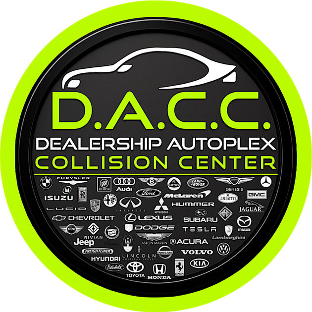 Logo for D.A.C.C. Dealership Autoplex Collision Center, a car repair shop, with car brand logos.