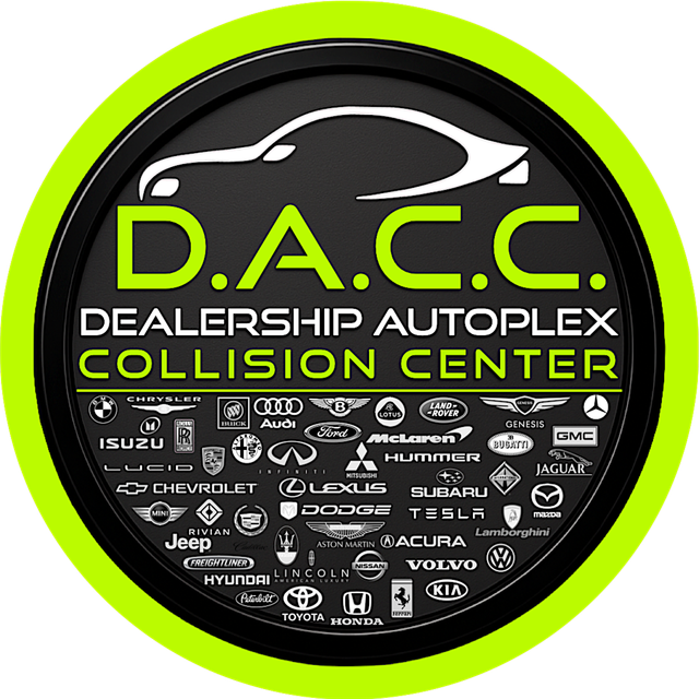 Logo for D.A.C.C. Dealership Autoplex Collision Center. Dark background, green text, car silhouettes, and car brand logos.
