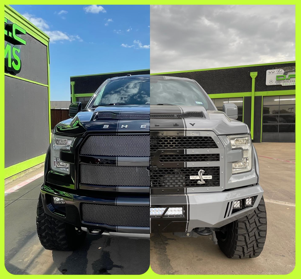 Split photo shows two modified Ford F-150 trucks, one black, one gray, parked in front of a building with neon green trim under a blue sky.