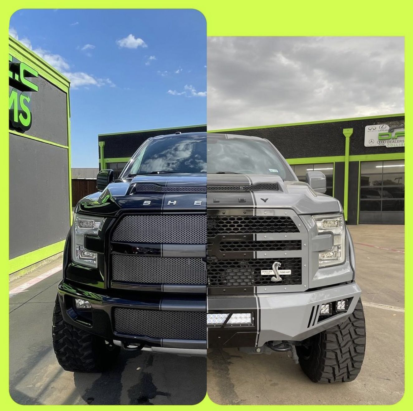 Split view of two custom Ford trucks, one black and one gray, parked outside a shop with green accents.
