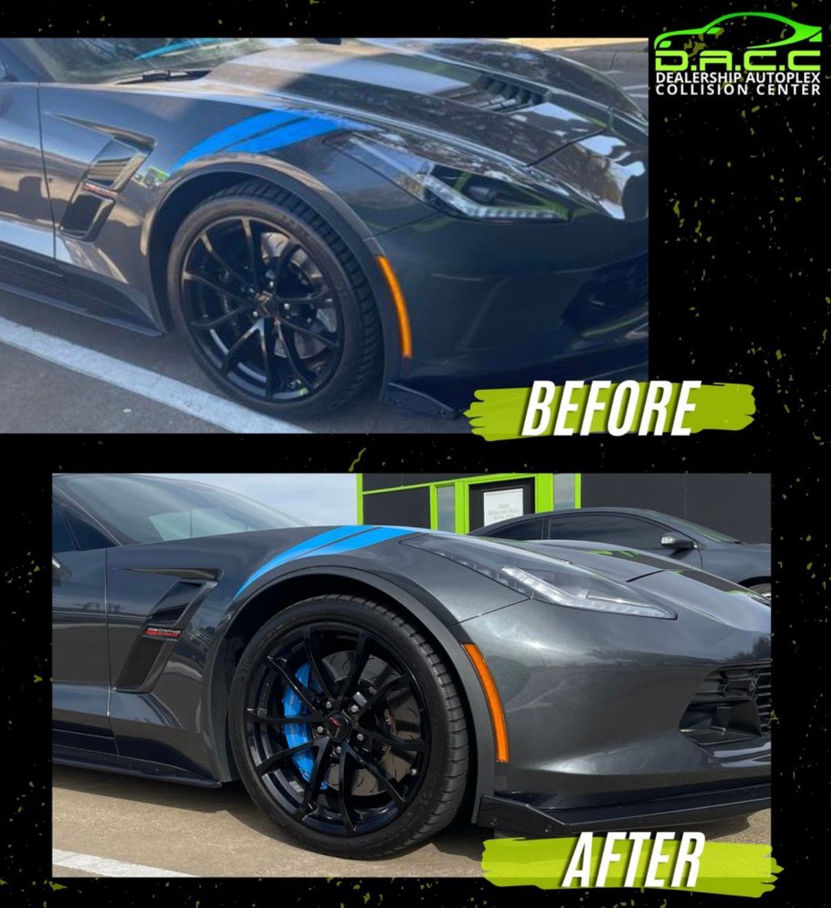 Before-and-after comparison of a gray Corvette's fender. The