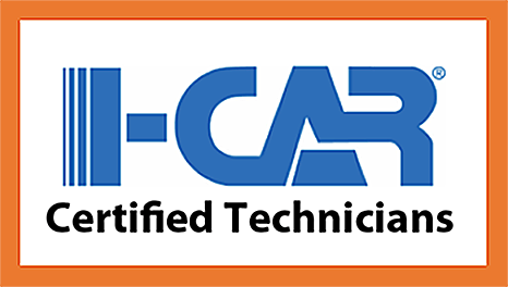 Logo of I-CAR Certified Technicians in blue and white on an orange bordered background. It contains the I-CAR symbol and the text