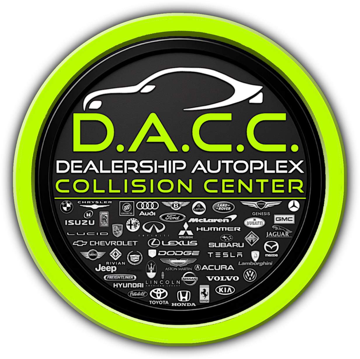 Logo for D.A.C.C. Dealership Autoplex Collision Center. Dark background, green text, car silhouettes, and car brand logos.