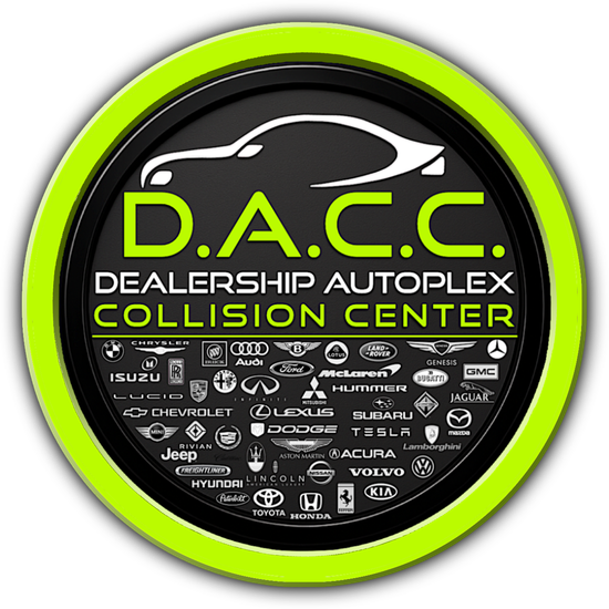 Logo for D.A.C.C. Dealership Autoplex Collision Center. Dark background, green text, car silhouettes, and car brand logos.