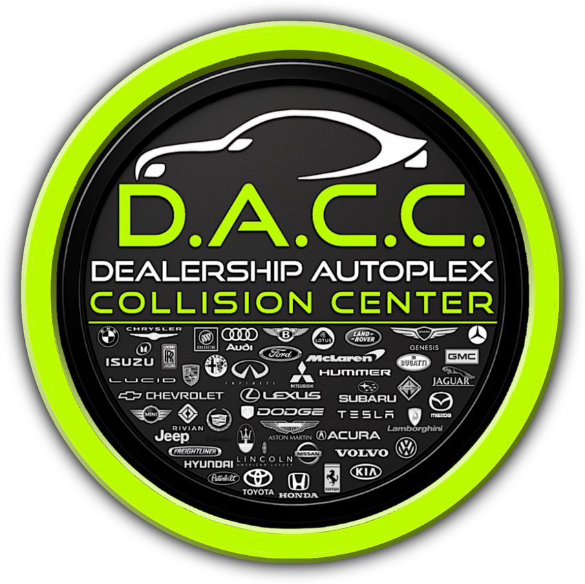 Logo for D.A.C.C. Dealership Autoplex Collision Center, a car repair shop, with car brand logos.