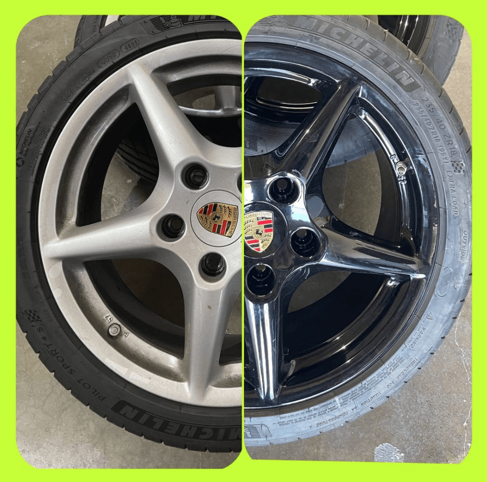 Two Porsche wheels side-by-side: one silver, the other black, with tires. The center caps display the Porsche logo.