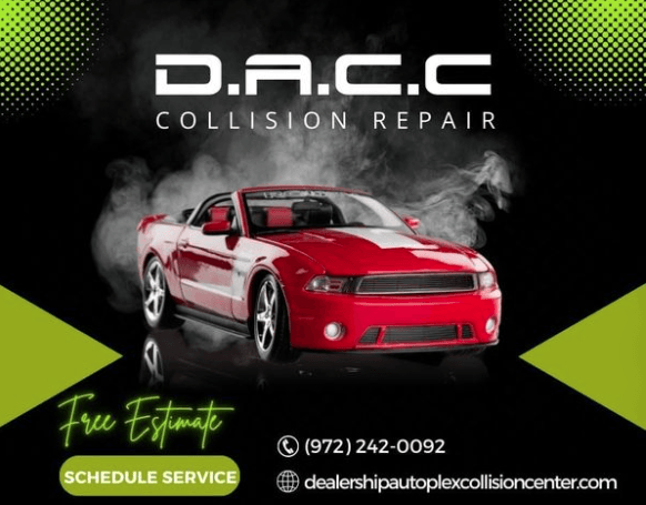Red Ford Mustang in a collision repair advertisement, with the company name D.A.C.C and contact info.
