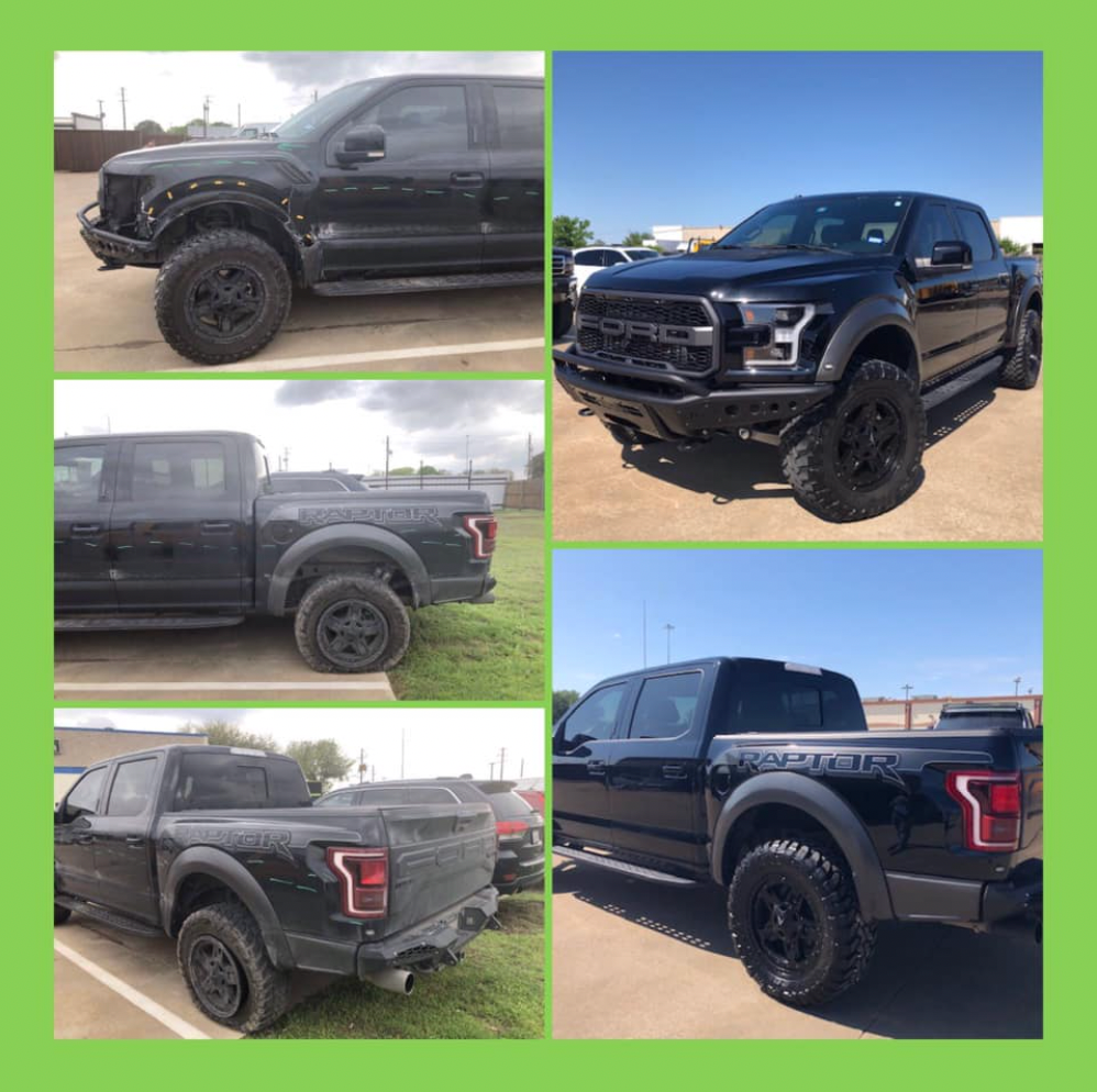 Black Ford Raptor truck in various outdoor shots, showcasing its rugged design.