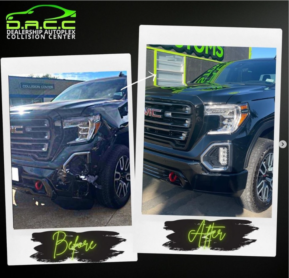 Before and after photos of a GMC truck. The 'before' shows a damaged front end, the 'after' shows a fully repaired truck.