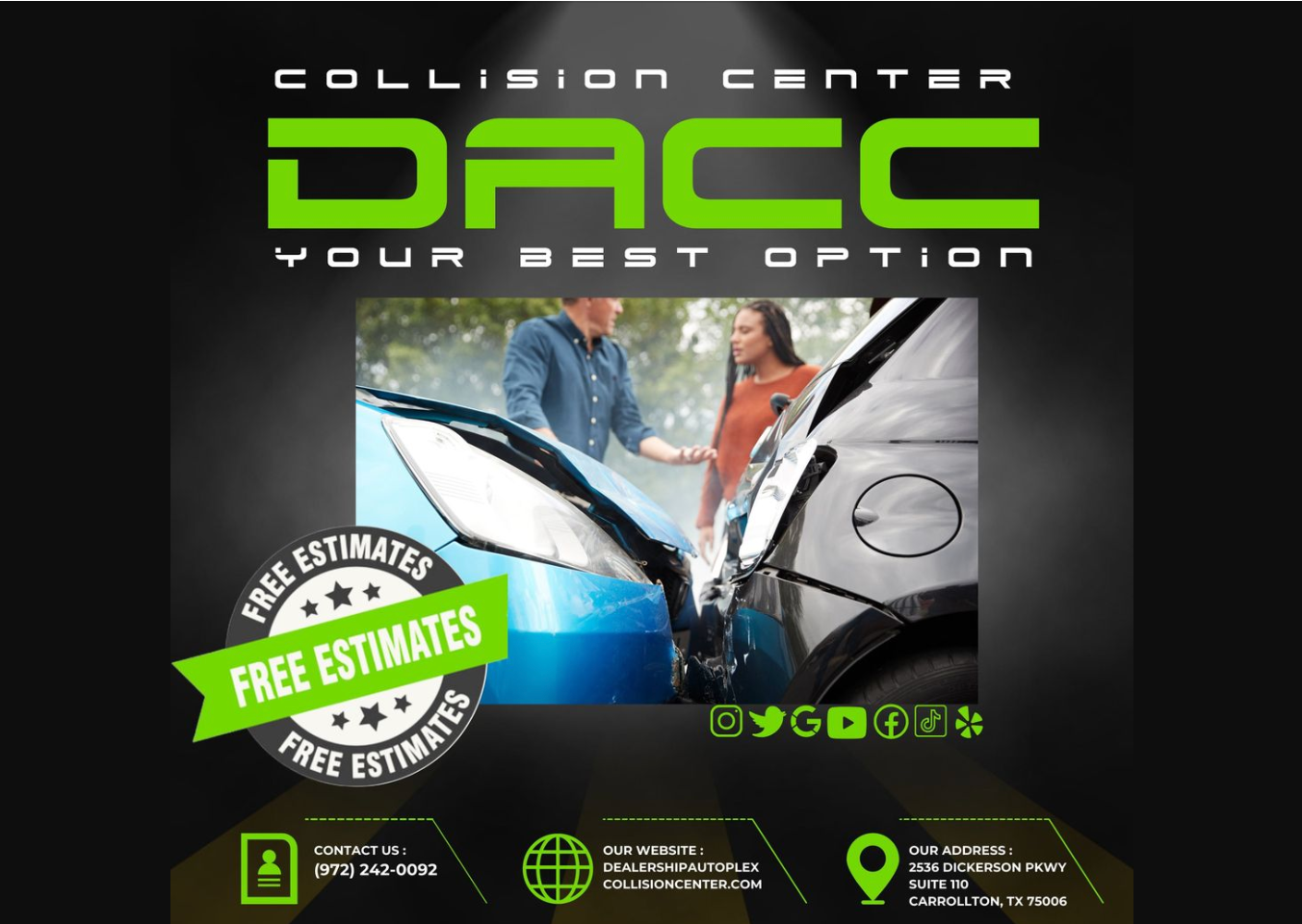 Advertisement for DACC Collision Center, featuring a car with collision damage and a couple inspecting it. Green accents, offers free estimates.