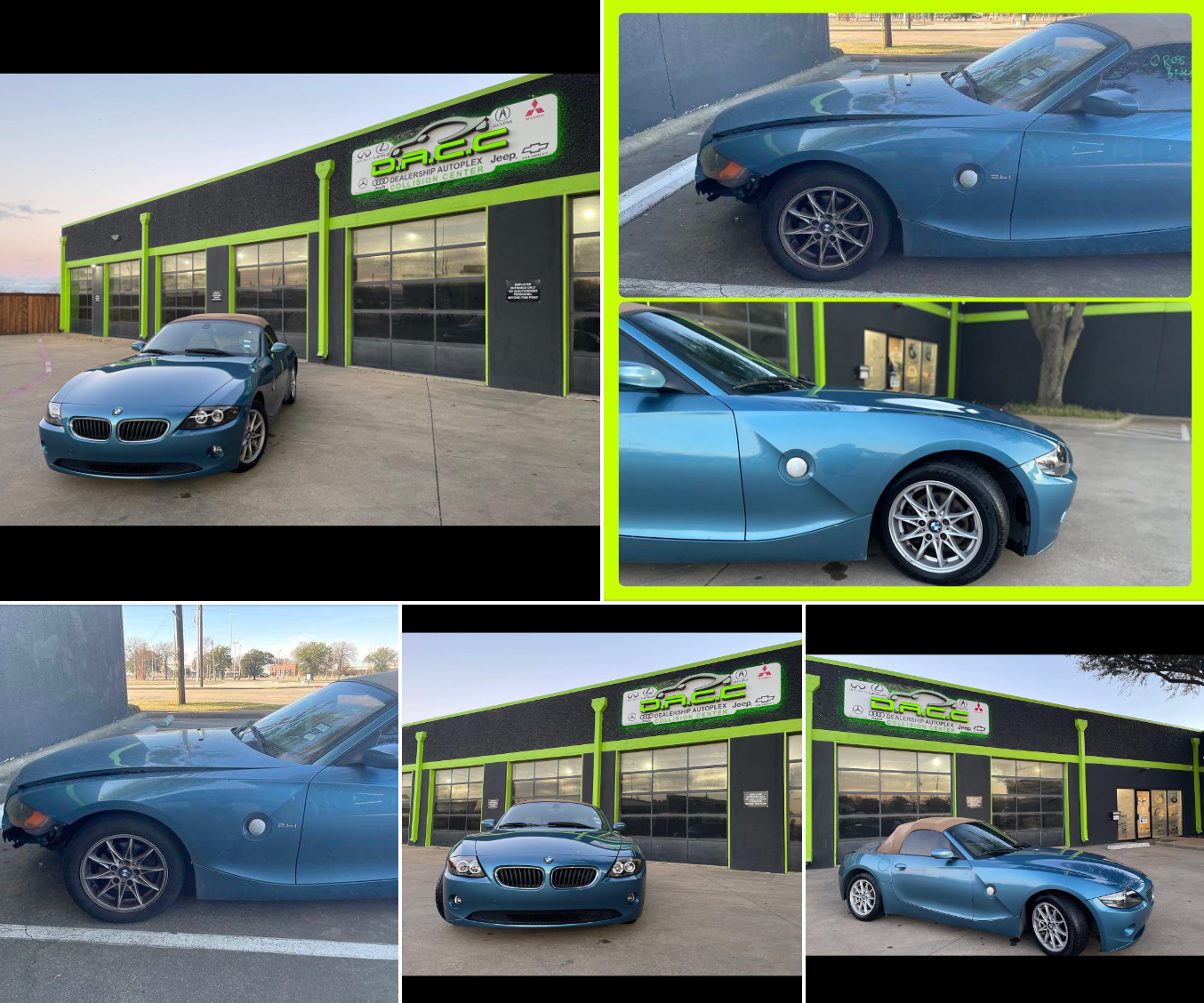 A teal BMW Z4 convertible at a repair shop, with multiple photos showing the car's exterior and the shop facade.