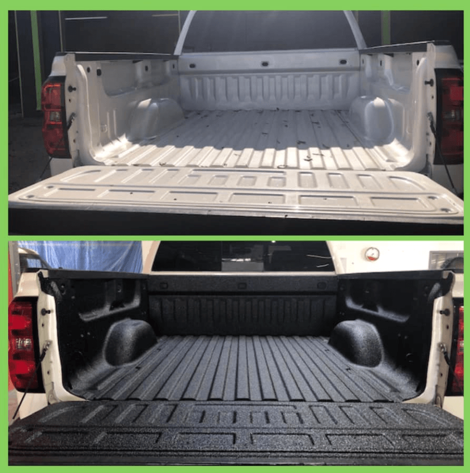 A truck bed before and after a spray-in bedliner, showing a white bed turned black with a textured coating.