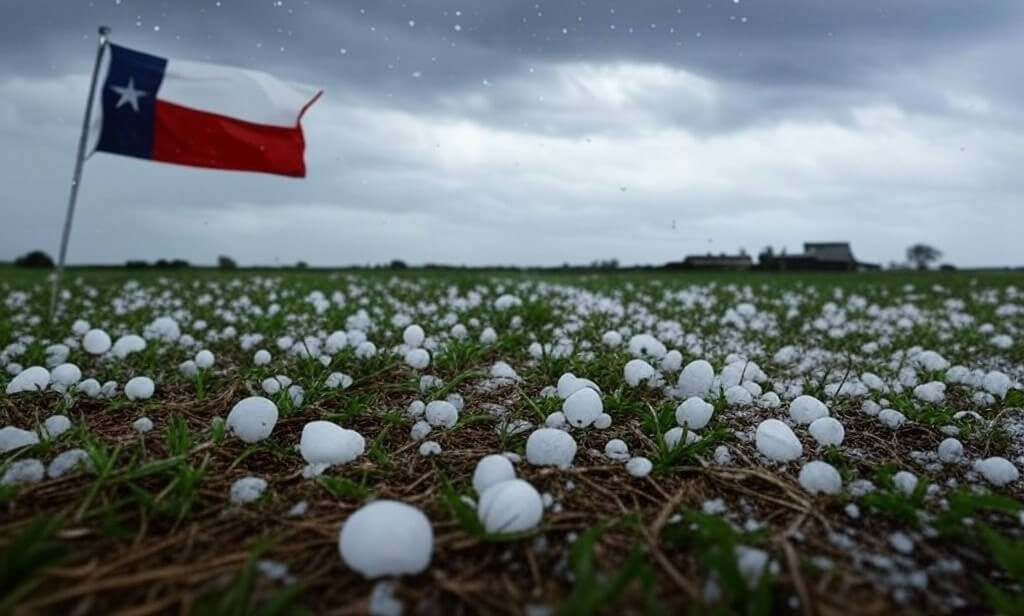 Texas flag flies over a field covered in hailstones under a cloudy sky.