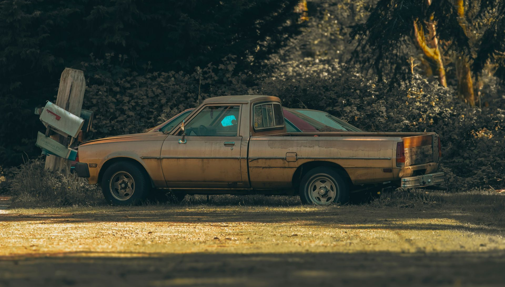 An old, tan pickup truck sits near a mailbox in a wooded area.