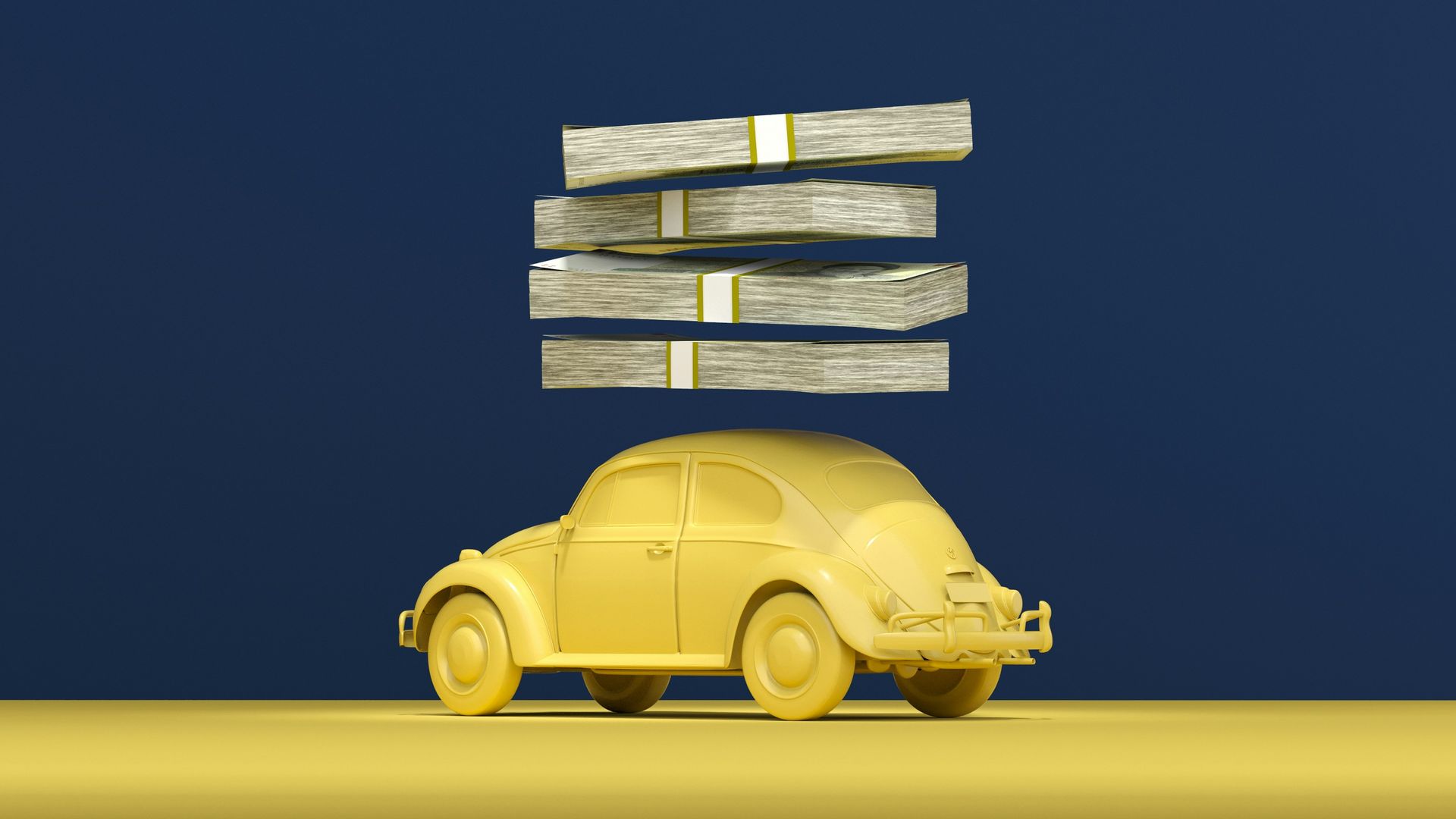 A yellow toy car sits on a yellow surface with four stacks of cash floating above it against a dark blue background.