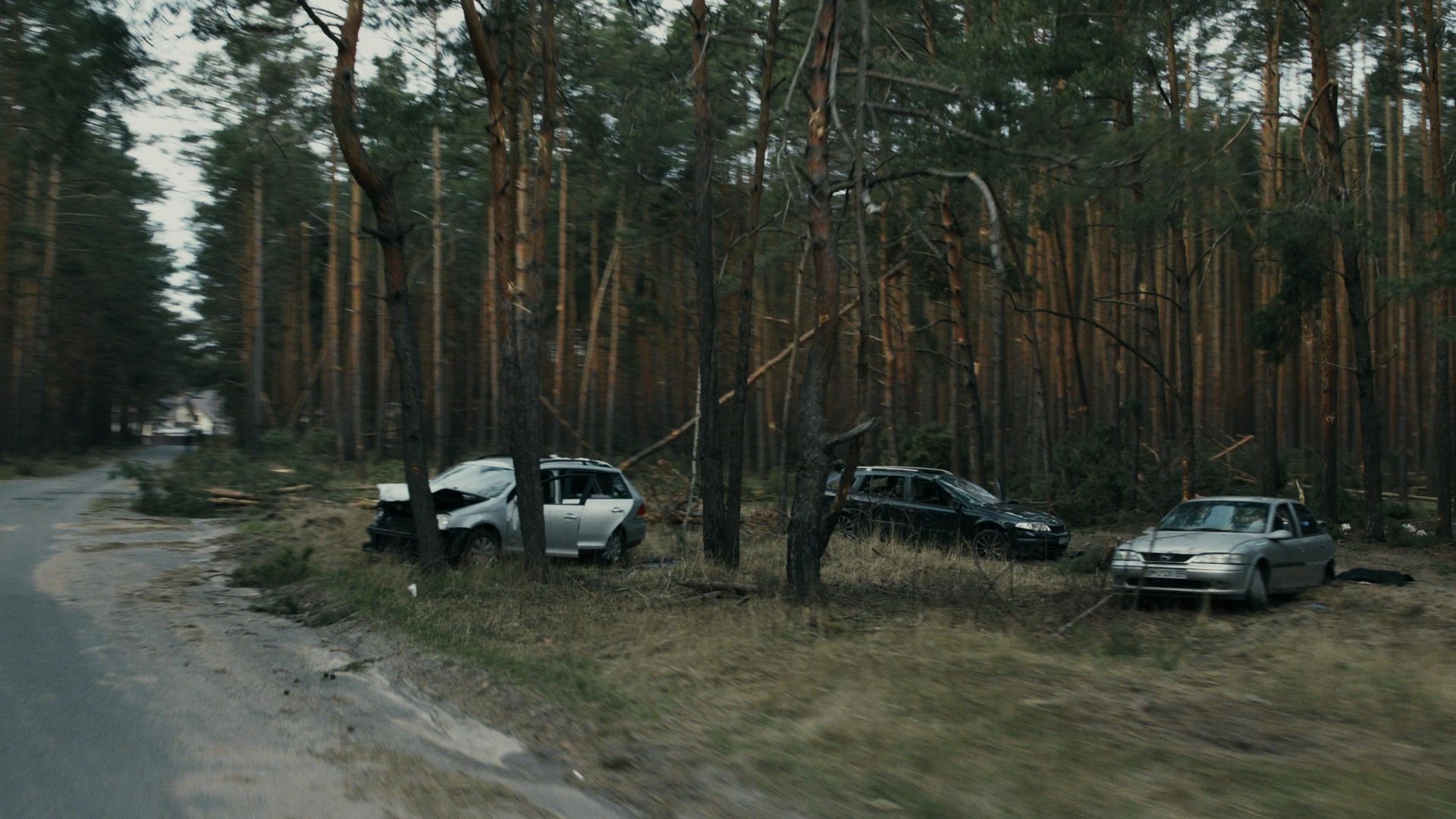 Cars damaged in a forest beside a road; one vehicle is heavily wrecked, trees behind.