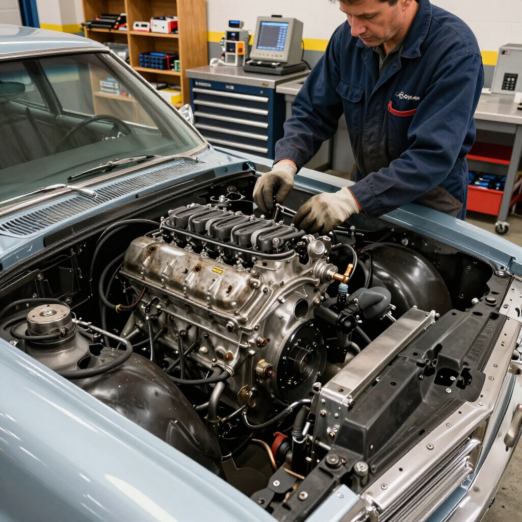 Mechanic working on a car engine in a garage, with the hood open and tools nearby