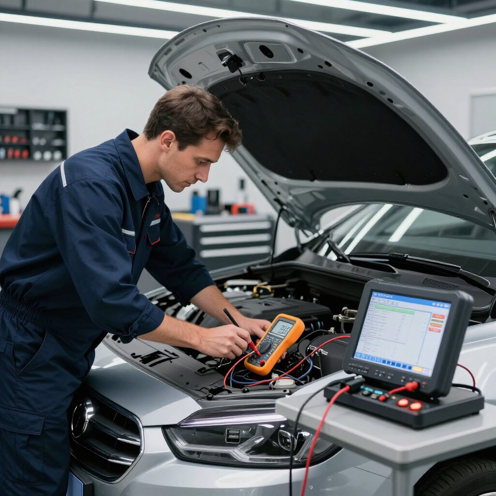 Mechanic diagnosing a car engine with a multimeter in an auto repair shop