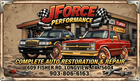 IFORCE Performance auto restoration ad with classic black and red trucks, shop address, phone number
