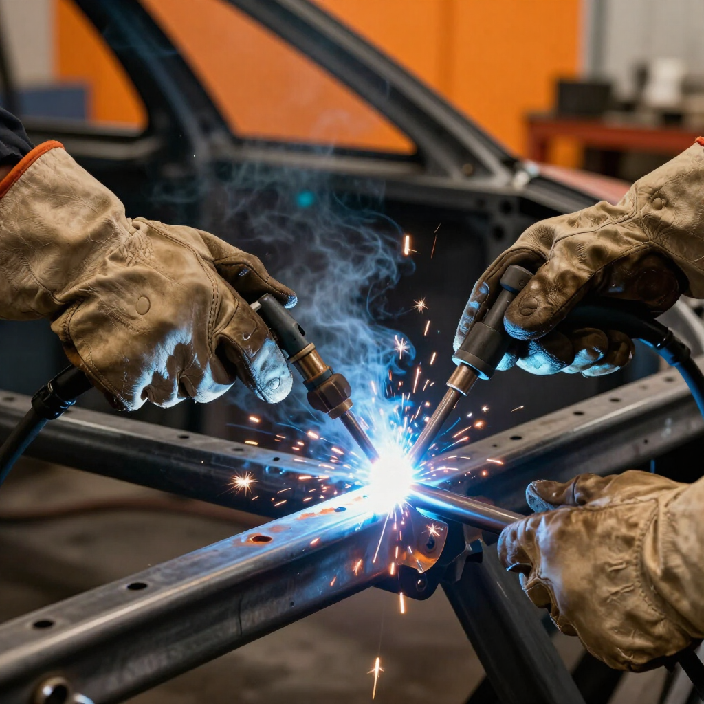 Gloved workers welding a metal frame, with bright sparks and blue arc light in a workshop.