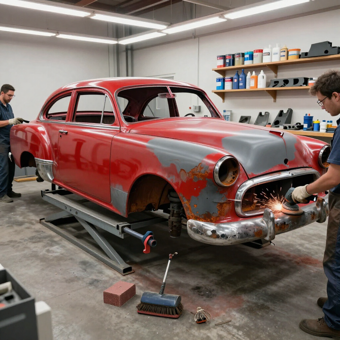 Two people working on a red classic car in a garage, with the front bumper removed.