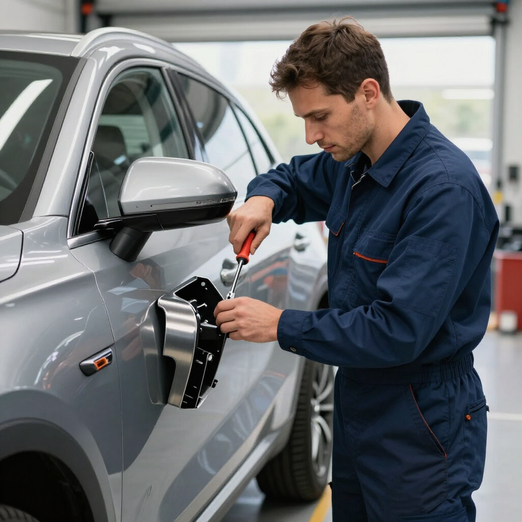 Mechanic tightening a car’s side mirror in a garage using a wrench