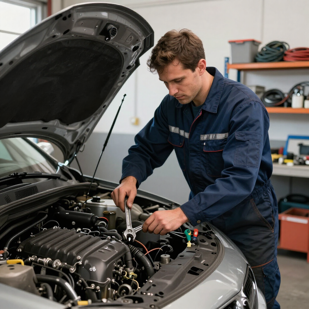 Mechanic in blue coveralls working under the hood of a silver car in a garage