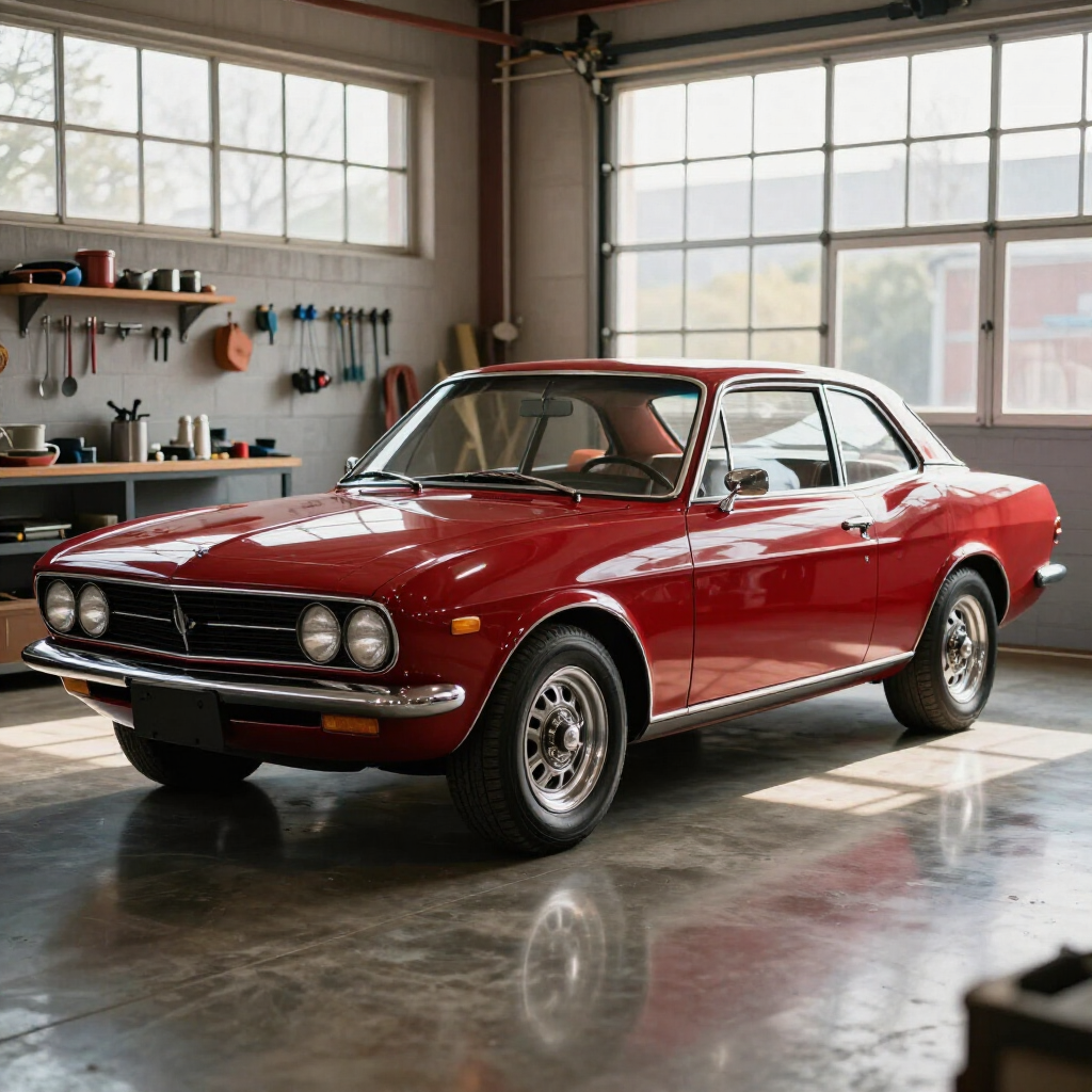 Red classic coupe in a bright garage with tools and large windows